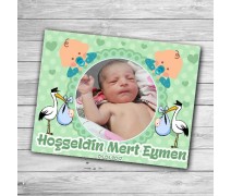 Yeşil Renkli Leylek ve Bebekli Hoşgeldin Bebek Magneti